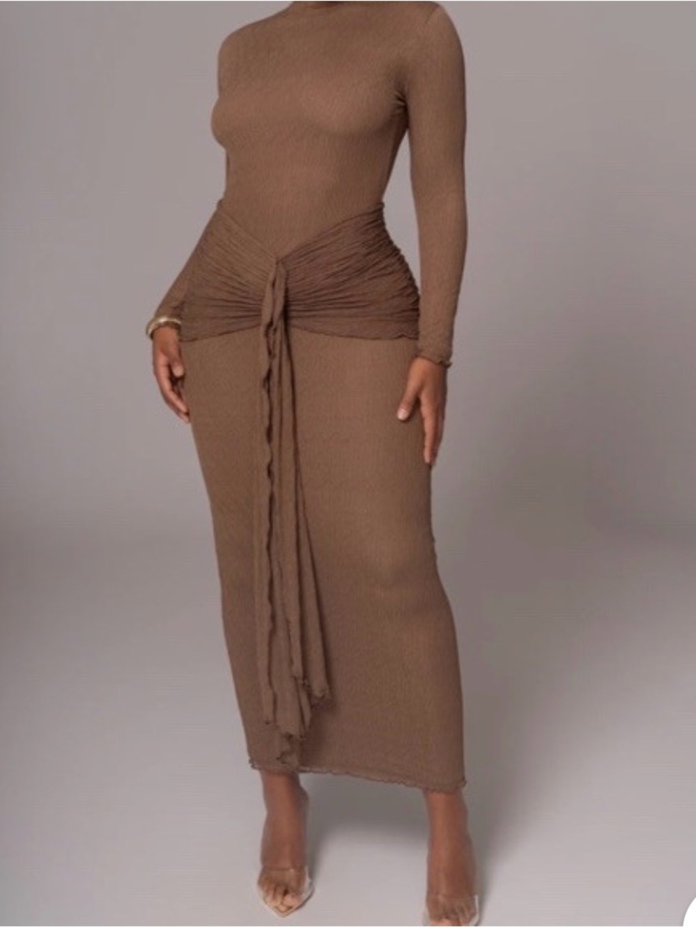 JLUXLABEL Long-Sleeve Tie-Waist Dress in Taupe